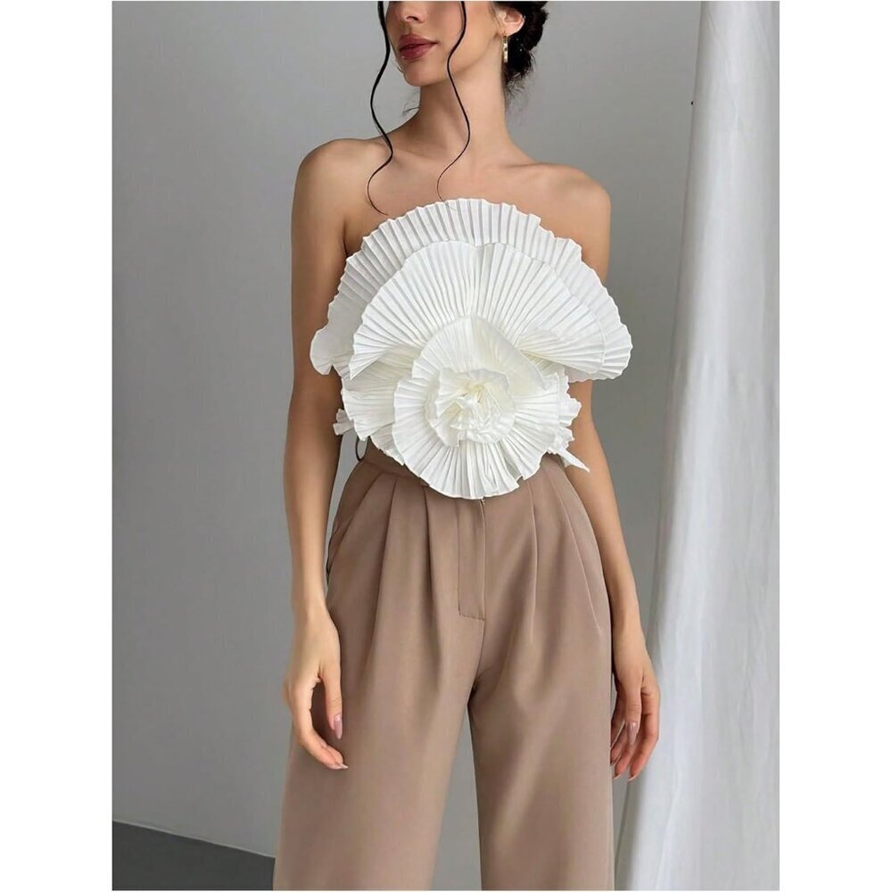 Women’s 3D Flower Strapless Bandeau Top Sleeveless Crop Slim Fit - Picture 4 of 6